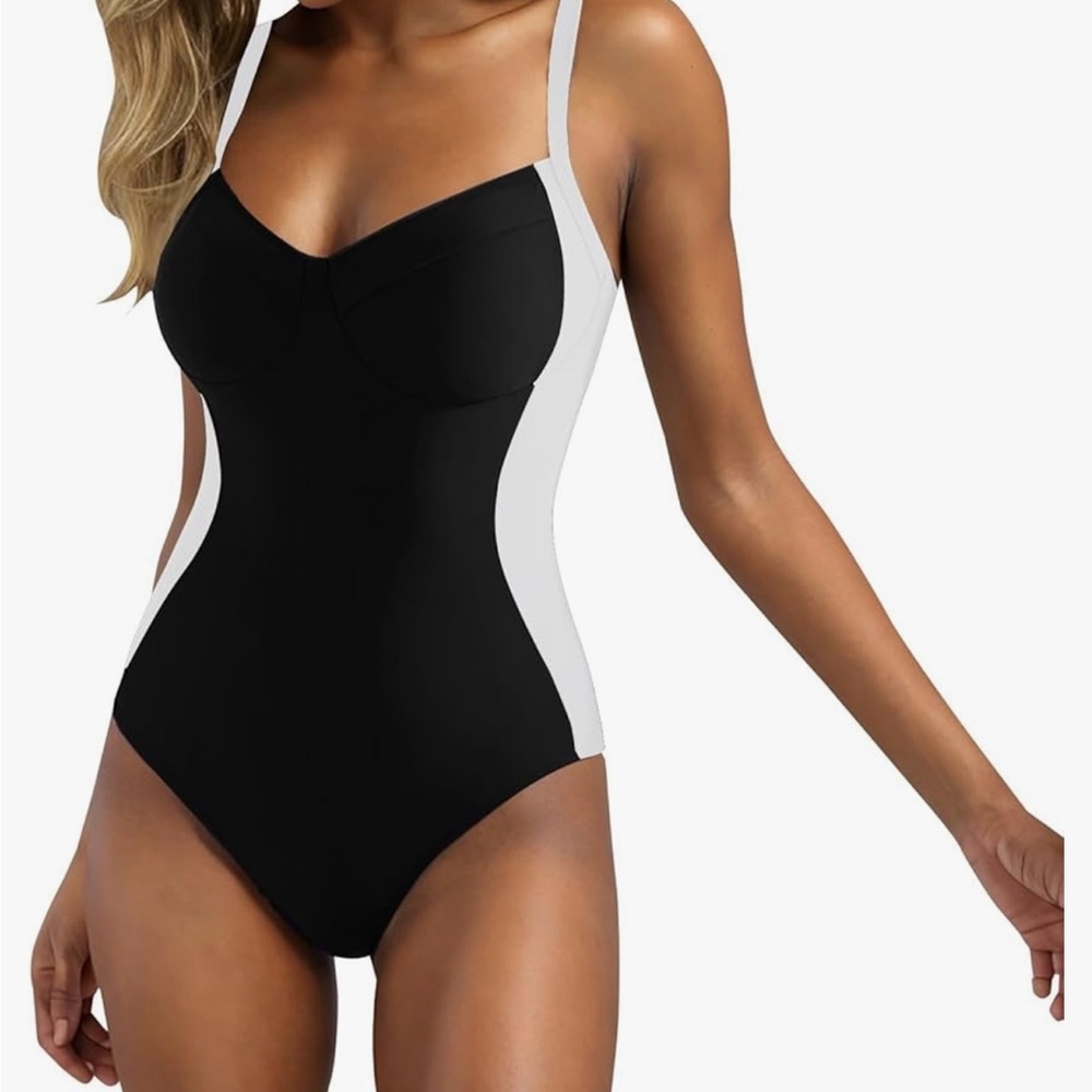 Black and White One Piece Swimwear with Plunging V-Neck